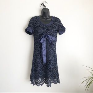 LUX Sheer Lace Bow Tie Blue Empire Mini Dress S